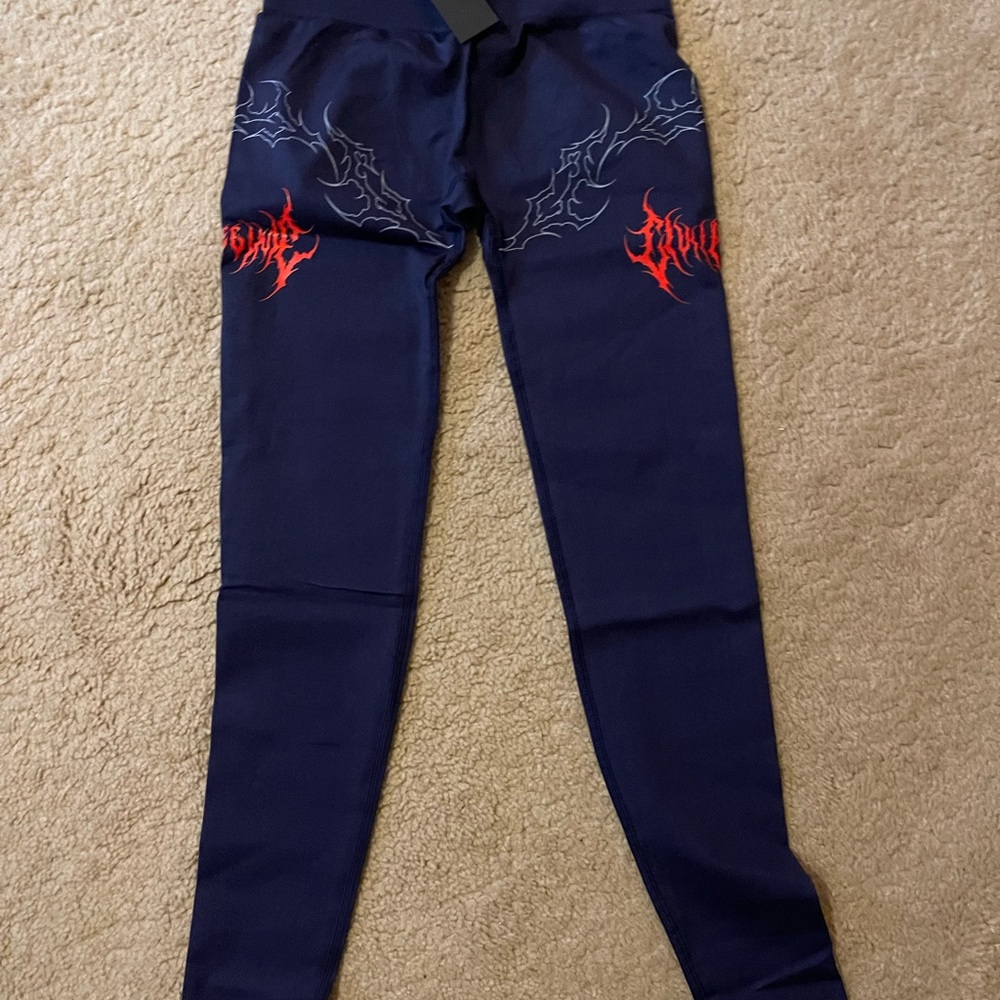 Navy Blue Leggings with Red and White Design